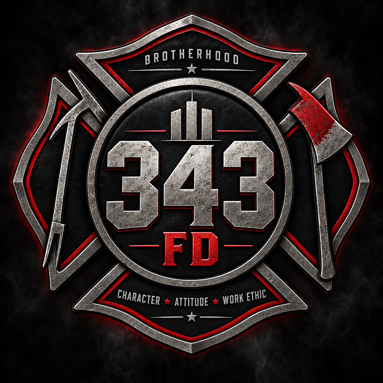 343FD emblem with crossed tools and the words Brotherhood, Character, Attitude, Work Ethic
