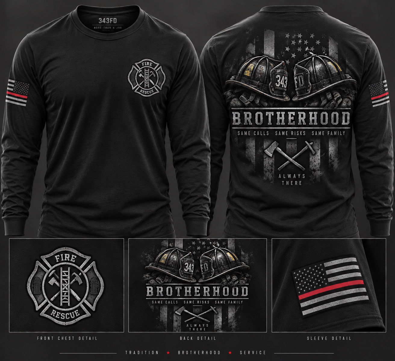 Black Brotherhood long sleeve tee mockup showing front fire rescue emblem, two helmets back design and sleeve flag