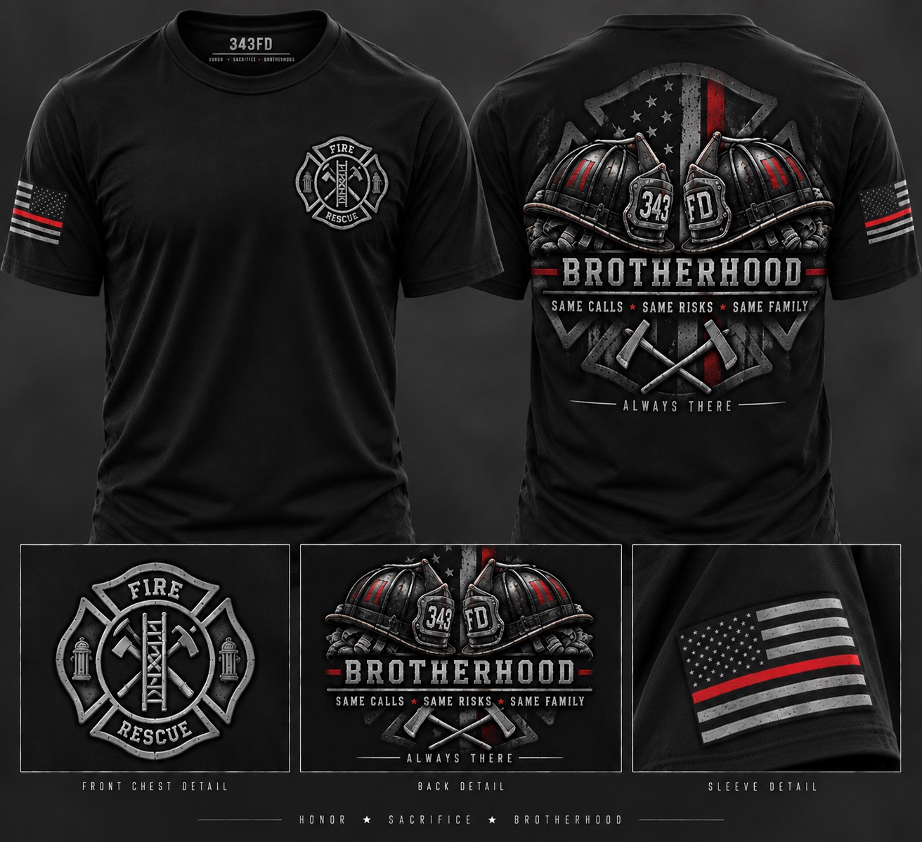 Black Brotherhood short sleeve tee mockup showing front fire rescue emblem, two helmets back design and sleeve flag