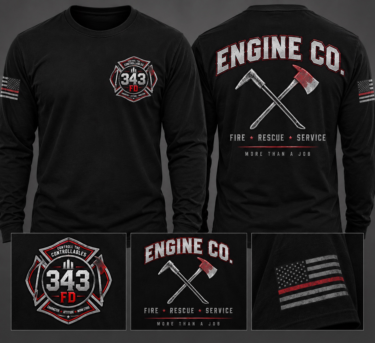 Black Engine Co. long sleeve tee mockup showing front chest emblem, crossed tools back design and sleeve details