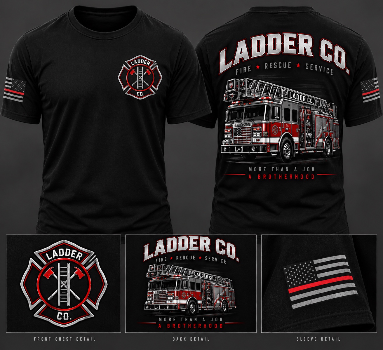 Black Ladder Co. short sleeve tee mockup showing front emblem, ladder truck back design and sleeve detail