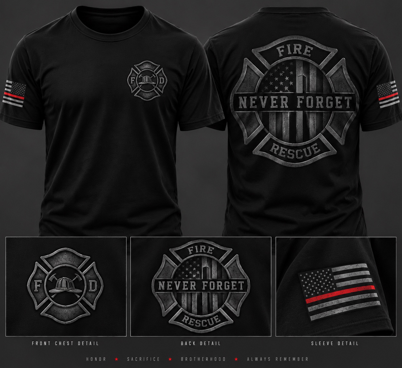 Black Never Forget short sleeve tee mockup showing front fire emblem, memorial back design and sleeve flag